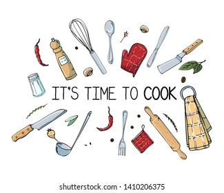 Hand drawn illustration with Kitchen Utensils. Actual vector drawing of coocking tools and quote. Creative doodle style ink art work. Kitchen set and text IT'S TIME TO COOK