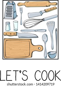 Hand drawn illustration with Kitchen Utensils. Actual vector drawing of coocking tools and quote. Creative doodle style ink art work. Kitchen set and text LET'S COOK 