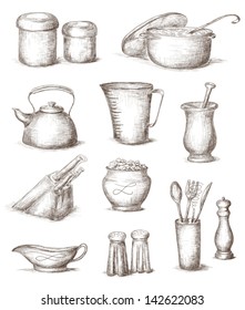 Hand drawn illustration of kitchen utensils