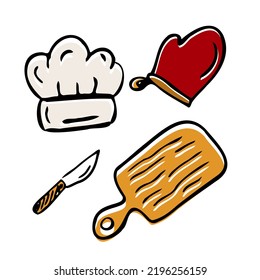 Hand drawn illustration with Kitchen Utensils. Actual vector drawing of cooking tools. Creative doodle style ink art work. Kitchen set