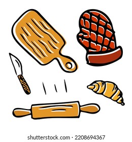 Hand drawn illustration with Kitchen Utensils. Actual vector drawing of cooking tools. Creative doodle style ink art work. Kitchen set