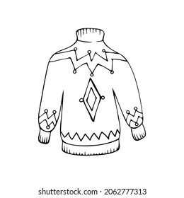 Hand drawn illustration of knitted warm sweater in doodle style.