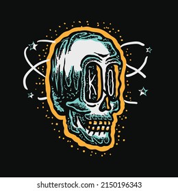 hand drawn illustration of a knockout skull with stars around the head