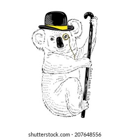 hand drawn illustration of koala in bowler hat with a walking stick