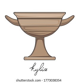 Hand drawn illustration of a kylix, greek antique vessel isolated on white, cartoon style graphics