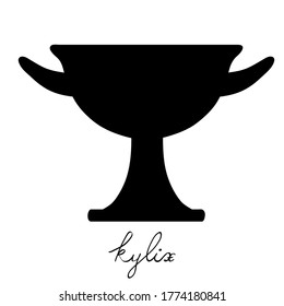 Hand drawn illustration of a kylix , greek antique vessel silhouette isolated on white with text