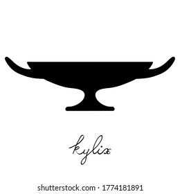 Hand drawn illustration of a kylix, greek antique vessel silhouette isolated on white with text