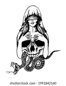 Hand drawn illustration of Lady Justice with skull and a snake. Tattoo design or print
