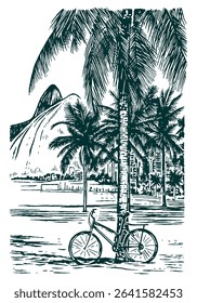 Hand drawn illustration of a landscape of Ipanema beach, Rio de Janeiro, Brazil.