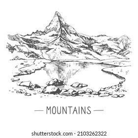 Hand drawn illustration of landscape mountain range and lake. Matterhorn Glacier, Switzerland. Using for travel and nature background and card. Peak outdoor sketch in black color on white background.