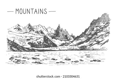 Hand drawn illustration of landscape mountain range and river. Peak outdoor sketch in black color on white background. Using for travel, poster and card. Hand drawn travel postcard.