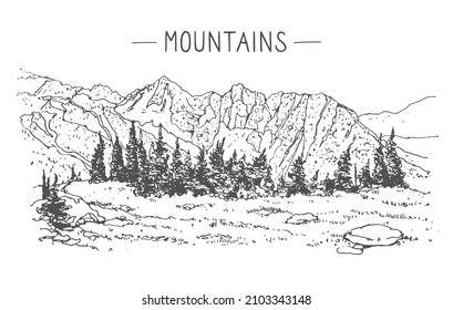 Hand drawn illustration of landscape mountain range and trees. Peak outdoor sketch in black color on white background. Using for travel, poster and card. Hand drawn travel postcard.