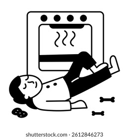 A hand drawn illustration of a lazy chef sleeping in kitchen 
