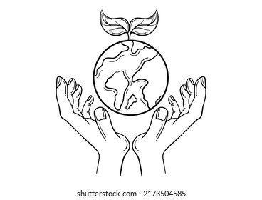 hand drawn illustration of a hand with a leaf and earth, with an environmental theme on a white background