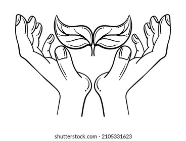 hand drawn illustration of a hand and a leaf with an environmental theme on a white background