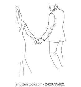 hand drawn illustration of a leaving man and woman holding hands, the man looks at the woman and smiles. heterosexual couple in love - doodle style drawing