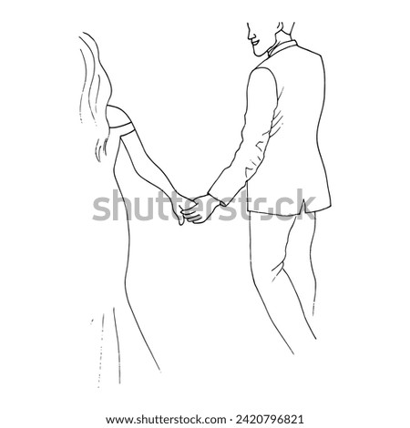 hand drawn illustration of a leaving man and woman holding hands, the man looks at the woman and smiles. heterosexual couple in love - doodle style drawing