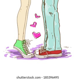 Hand drawn illustration with legs of couple in love