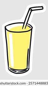 hand drawn illustration of lemon water in a glass with a straw in colored line style