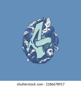 Hand drawn illustration with letter A and wave concept on blue background