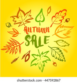 Hand drawn illustration with lettering phrase autumn sale. Fall coming soon. Vector poster for invitation on harvest festival.