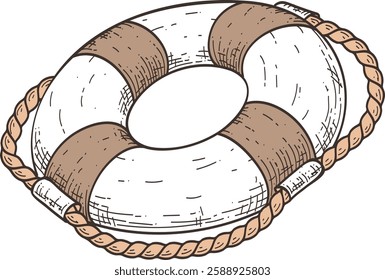 Hand drawn illustration of a lifebuoy with a rope, evoking themes of safety, rescue, and survival in a maritime setting, ideal for projects related to seafaring, emergencies, and assistance