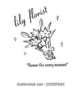 Hand drawn illustration of lily flower bouquet and stars, logo design for florist, simple design in white and black. 