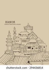 Hand drawn illustration in line art featuring traditional houses and buildings called Han-ok.
Korean style architecture of thatched house and tile-roofed house