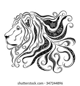 Hand drawn illustration "Lion" was created in doodling style in black and white colors.  Painted image is isolated on white background.