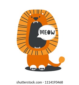Hand drawn illustration with lion and lettering. Colorful background vector. Poster design with muzzle of animal and english text. Lion who shouts meow, card. Decorative backdrop, good for printing