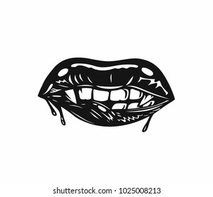 Hand drawn illustration of lips and teeth, posing, text, tshirt print, vector illustration