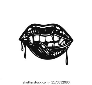 Hand drawn illustration of lips and teeth, posing, text, tshirt print, vector illustration
