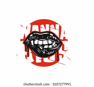 Hand drawn illustration of lips, text, tshirt print, vector illustration