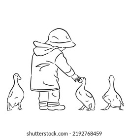 hand drawn illustration of little boy playing with duck