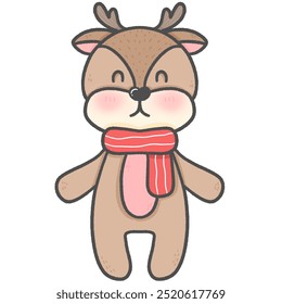 Hand drawn illustration of a little brown reindeer wearing a scarf and Christmas holiday. Watercolor illustration