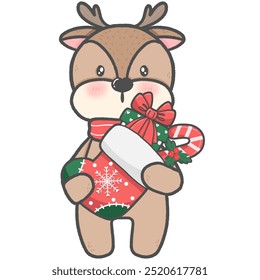 Hand drawn illustration of a little brown reindeer wearing a scarf and Christmas holiday. Watercolor illustration
