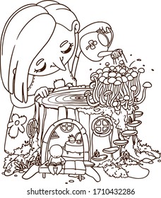 Hand drawn illustration of a little fairy watering mushrooms from a watering can. Vector coloring book page of a magic dreamland with elf and stump house.