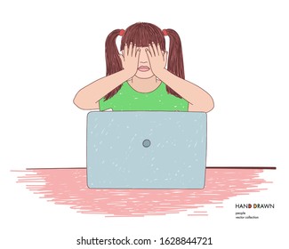 Hand drawn illustration of little girl sitting in front of laptop with his hand hiding her face. Only for adults. Parental protection concept. Internet safety for kids. Censored content