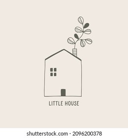 Hand drawn illustration of little house with leaves. 