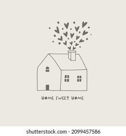 Hand drawn illustration of little house with lots of hearts