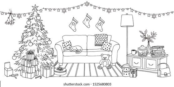 Hand Drawn Illustration Of A Living Room With Christmas Decoration, Interior Design With Couch, Cupboard, Christmas Tree And Gift Boxes