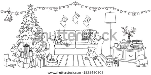 Hand Drawn Illustration Living Room Christmas Stock Vector (Royalty