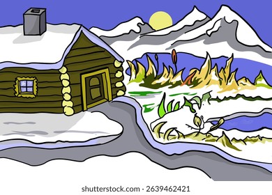 Hand drawn illustration of a log cabin in the wild nature. Landscape with a wooden log cabin, ponds and high mountains in the background. Hand drawn illustration of a winter landscape with a log cabin