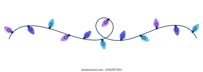 Hand drawn illustration of long colorful Christmas lights. Decorative border