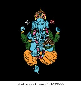 Hand drawn illustration of Lord Ganesha in paint style.