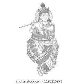Hand drawn illustration of Lord Krishna playing flute on Happy Janmashtami holiday. Indian festival greeting background. Vector. 