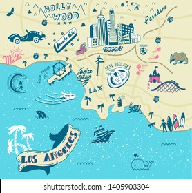 Hand drawn illustration of Los Angeles with tourist attractions. Travel  concept. Print design.

