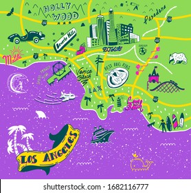 Hand drawn illustration of Los Angeles with tourist attractions. Travel  concept. Print design.
