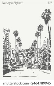 Hand drawn illustration of Los Angeles, California skyline