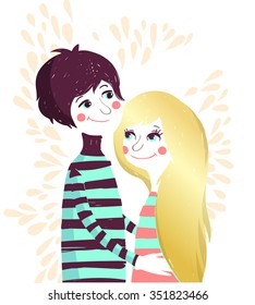 Hand drawn illustration with lovely couple. Valentine day greeting card.